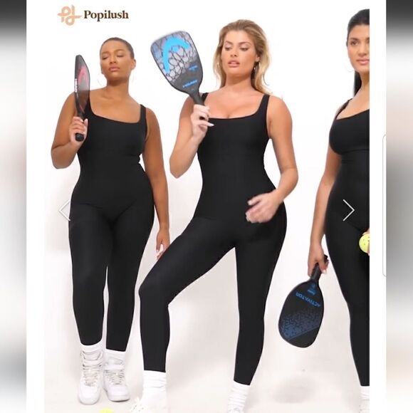 Popilush Built-In Shapewear Thigh Slimming Workout Jumpsuit Black Medium NWT - Picture 1 of 14